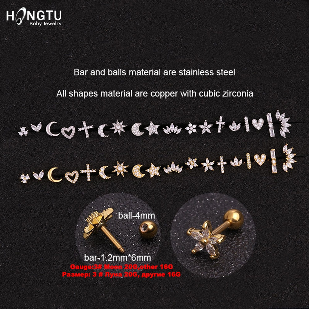 HONGTU 1PC Copper Flower Heart Moon Zircon Tragus Ear Piercing Surgical Steel Shaft Bar Daith Earrings Helix Cartilage Studs 16g - Charlie Dolly