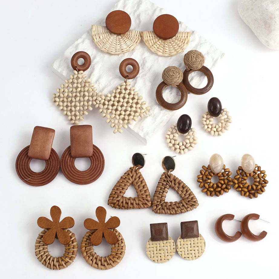 Wooden Rattan Braid Geometric Drop Earrings Jewelry