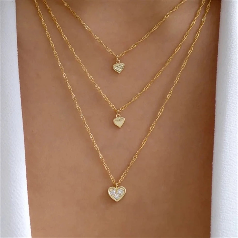 Gold Heart Multilayer Pendant Necklace Set Jewelry