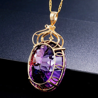 Gemstone Charm18k Gold Plated 36CT Amethyst Color Oval Crystal Pendant Necklace Lady Wedding Jewelry