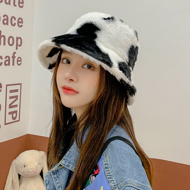 2021 New Fashion Korean Pink Cow Print Bucket Hat Faux Fur Winter Hats For Women Warm Plush Fisherman Caps - Charlie Dolly