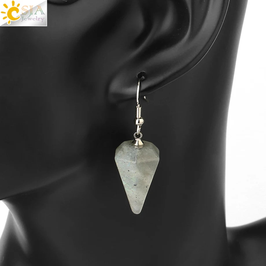 CSJA Bohemian Pyramid Drop Earrings Jewelry Earrings for Women Natural Stone Pink White Purple Crystal Quartz Lapis Lazuli E736