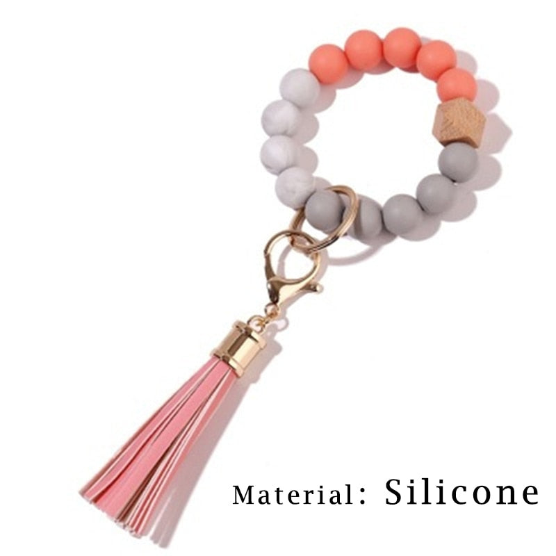 Silicone Keyring For Women Tassel Wood Beads Bracelet Keychain For Keys Multicolor Keychain Wholesale Accessories - Charlie Dolly