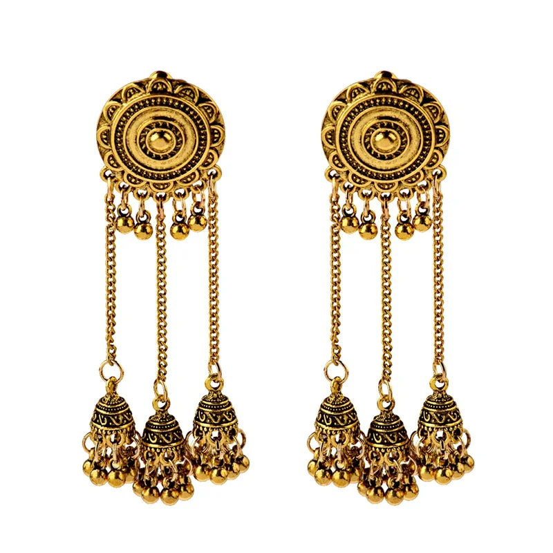 Indian Jhumka Earrings Gold Sliver Color Big Bells Drop Long Tassel Earring For Women Boho Gypsy Jewelry Gift