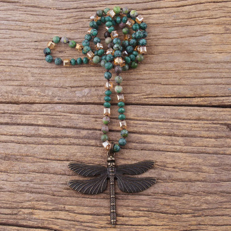 Retro Dragonfly Knotted Crystal Necklace Jewelry