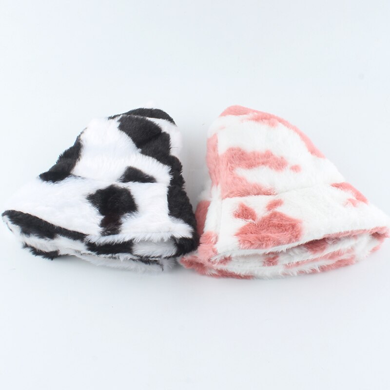 2021 New Fashion Korean Pink Cow Print Bucket Hat Faux Fur Winter Hats For Women Warm Plush Fisherman Caps - Charlie Dolly