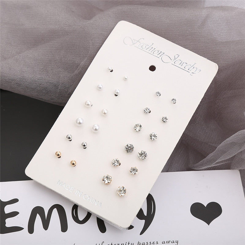 12 pairs/set Crystal Simulated Pearl Earrings Set Women Jewelry Accessories Piercing Ball Stud Earring kit Bijouteria brincos - Charlie Dolly