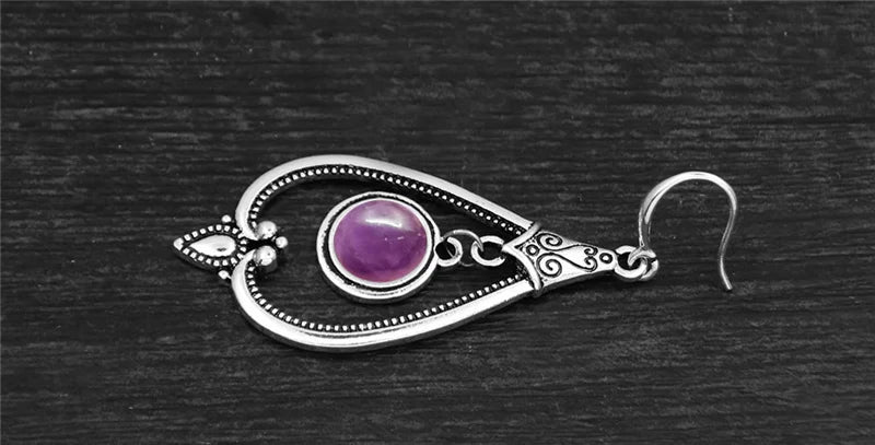 Round Amethysts Drop Earrings For Women Tibetan Silver Natural Stone Rose Quartz Lapis Lazuli Tiger Eye Fashion Dangle Earring