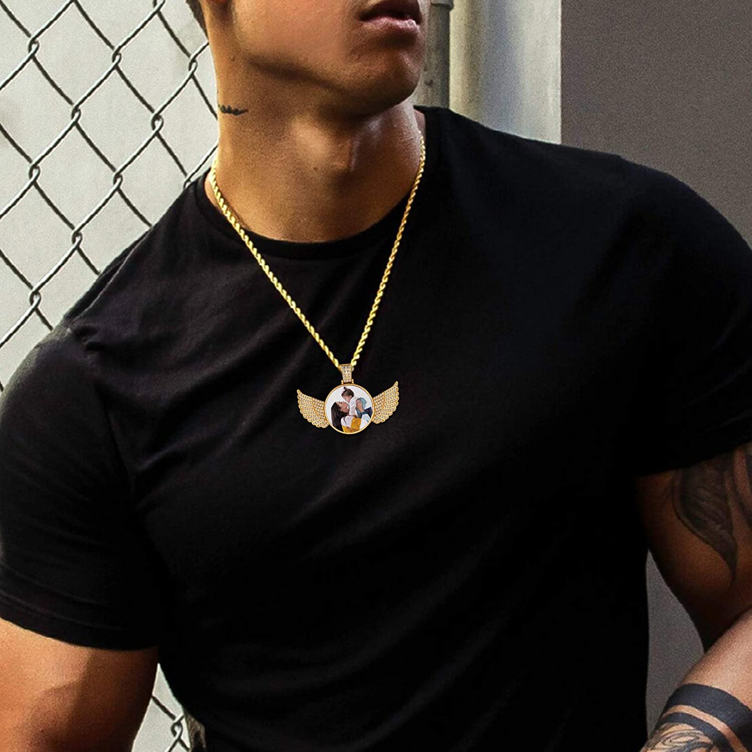 U7 Iced Out Custom Picture Necklace With Wings Bling Jewelry DIY Full CZ Pendant Personalized Hip Hop Necklace for Women Men - Charlie Dolly