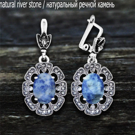 Vintage Plumflower Natural Jades Quartz Earrings For Women Antique Silver Plated Lapis Lazuli Tiger Eye Stone Fashion Earring - Charlie Dolly