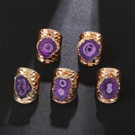 Boho Irregular Natural Stone Agate Slices Sunflower Wide Open Ring for Women Gold Plated Resizable Finger Jewelry - Charlie Dolly