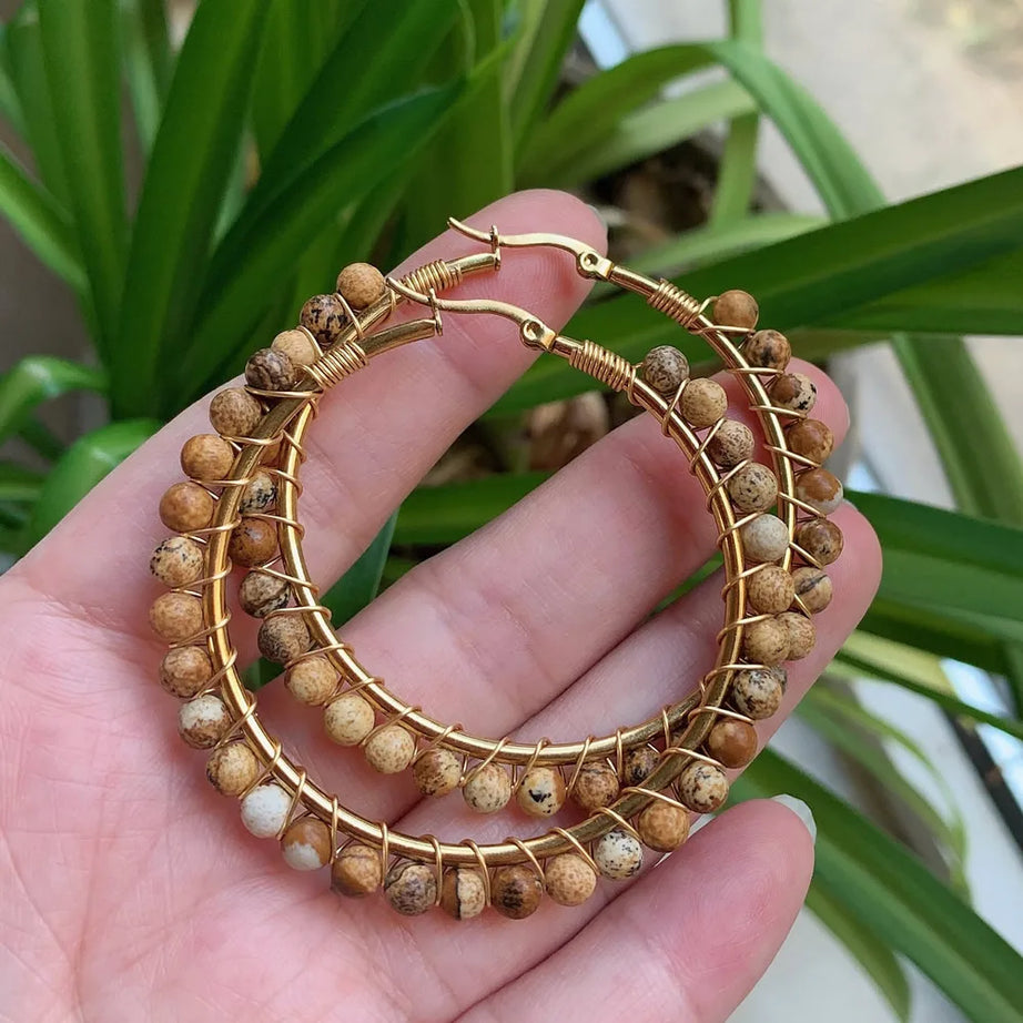 50mm Large Natural Stone Earrings for Women Ear Ring Agates Crystal Gold Plated Stainless Steel Circle Hoop Earring Boho Jewelry - Charlie Dolly