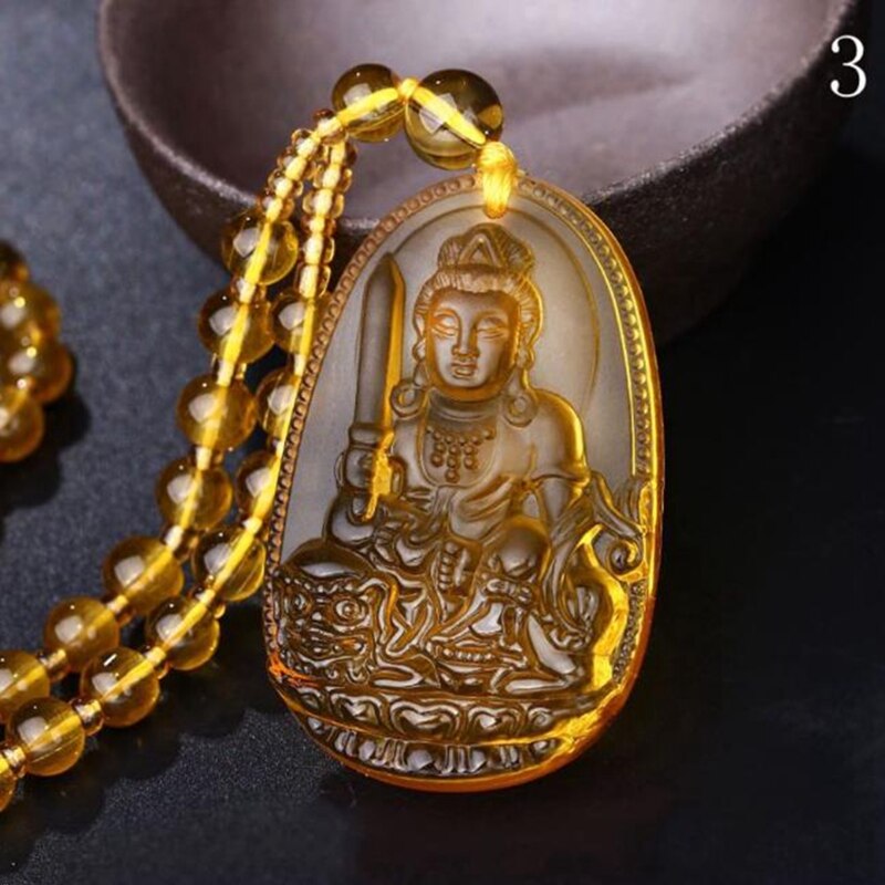 Buddha Guardian Gods Pendant Necklace For Women Men Carved Yellow Stone Amulet Necklaces Jewelry - Charlie Dolly