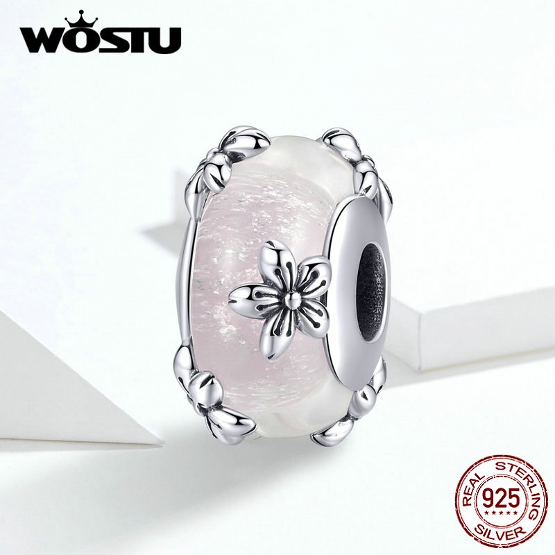 WOSTU Real 925 Sterling Silver Murano Glass Pink Beads Crystal Round Charms Fit Original Bracelet Pendant Luxury Jewelry Making - Charlie Dolly