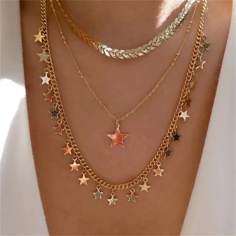 Gold Heart Multilayer Pendant Necklace Set Jewelry