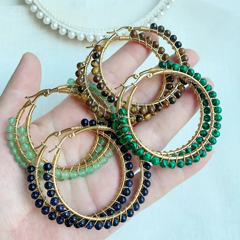 50mm Large Natural Stone Earrings for Women Ear Ring Agates Crystal Gold Plated Stainless Steel Circle Hoop Earring Boho Jewelry