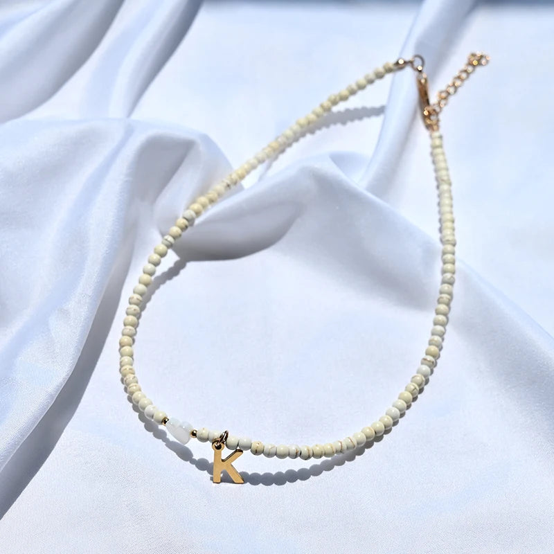 Colorful Beads Initial Choker for Women Stainless Steel Letter Pendant Necklace Fashion Shell Heart Jewelry Boho Accessories