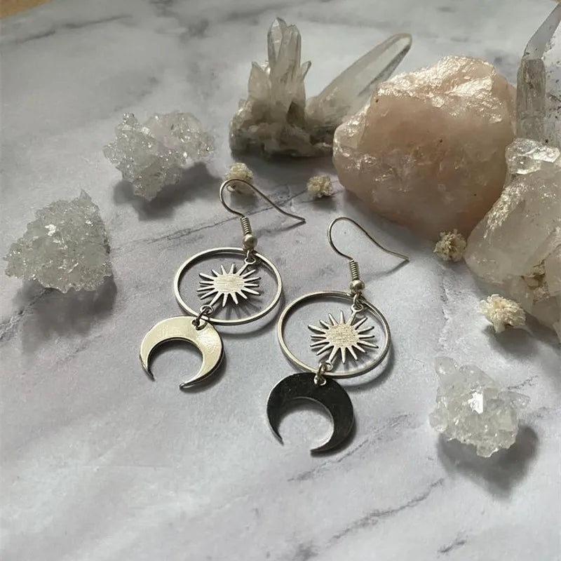 Moon phase earrings Crescent moon Space Sun and moon Genuine amethyst Witchy Boho Hippie jewelry fashion women gift 2022 new