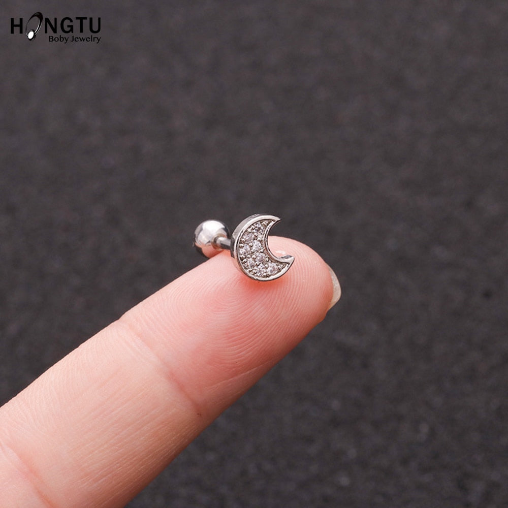 HONGTU 1PC Copper Flower Heart Moon Zircon Tragus Ear Piercing Surgical Steel Shaft Bar Daith Earrings Helix Cartilage Studs 16g - Charlie Dolly
