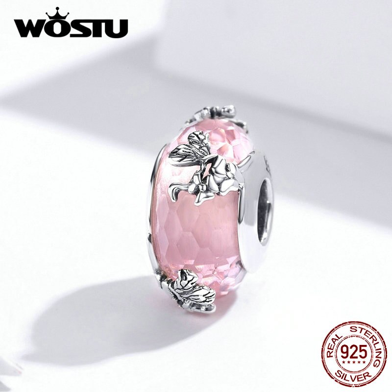 WOSTU Real 925 Sterling Silver Murano Glass Pink Beads Crystal Round Charms Fit Original Bracelet Pendant Luxury Jewelry Making