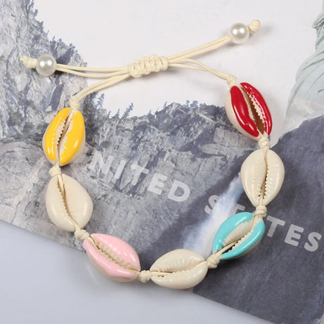 Rainbow Seashell Hand Knit Boho Bracelet