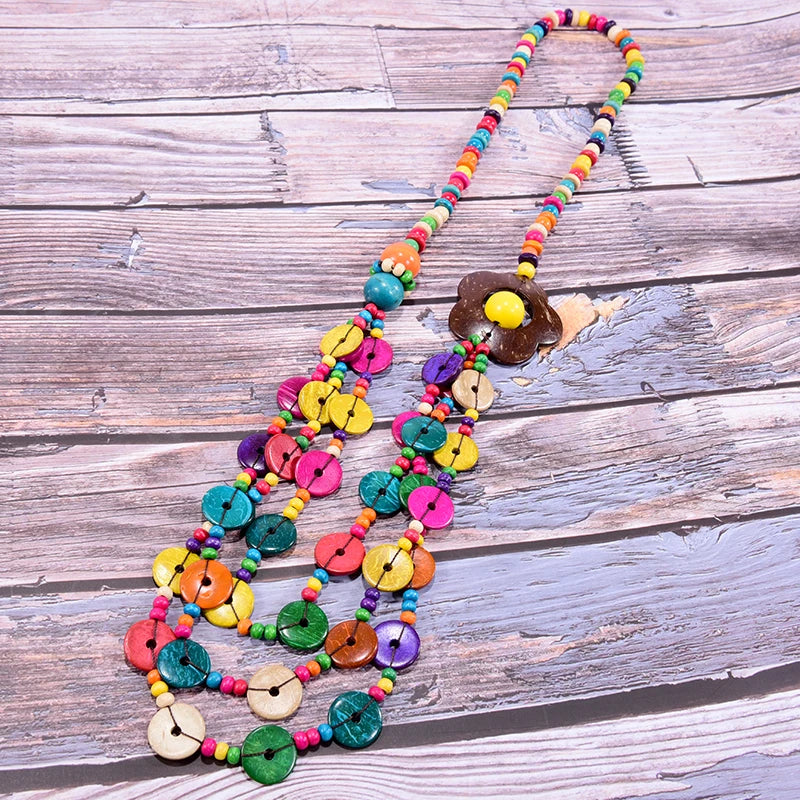 Wood Flower Multilayer Bead Collar Necklace Jewelry