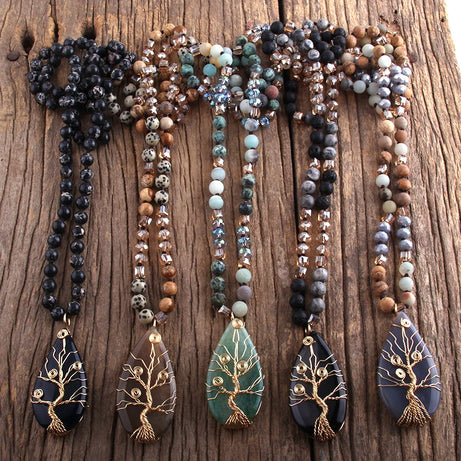 Fashion Bohemian Jewelry Natural Stones /Glass Crystal Knotted With Semi Precious Pendant Boho Necklace Women Gift - Charlie Dolly