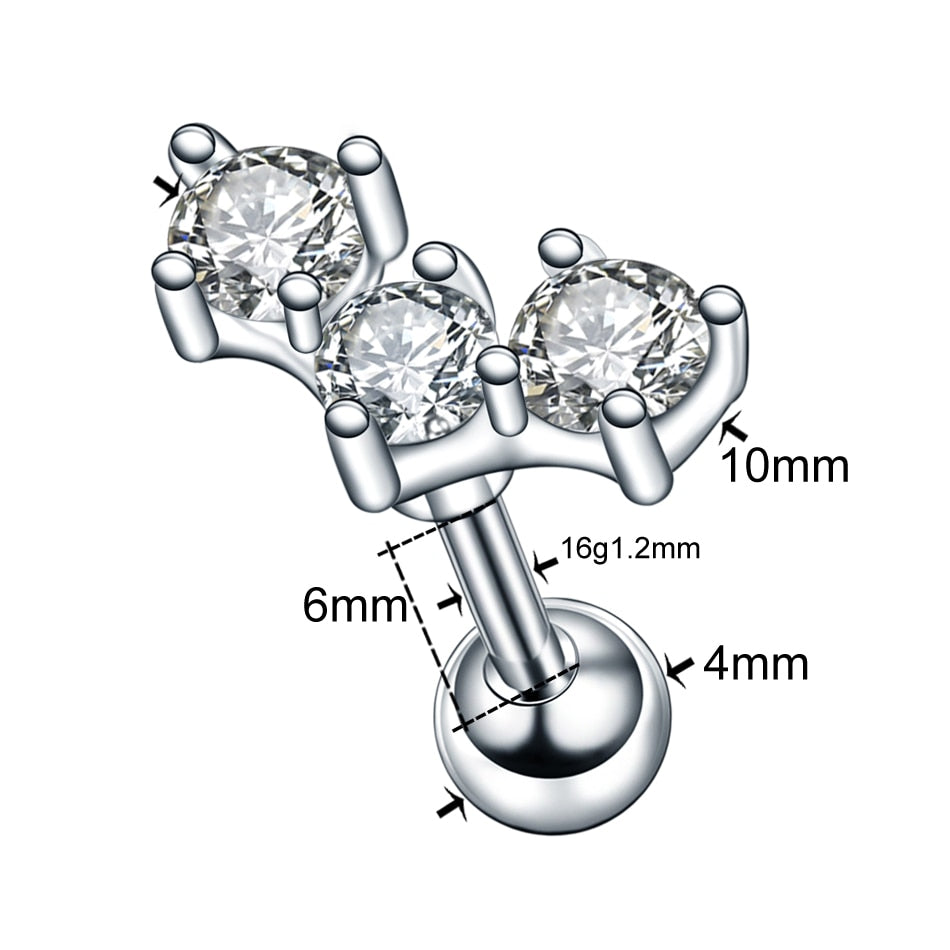 1PC Steel CZ Cartilage Stud Helix Earring Piercings Crystal Rook Tragus Conch Earring Stud Piercings Sexy Women Jewelry 16G - Charlie Dolly