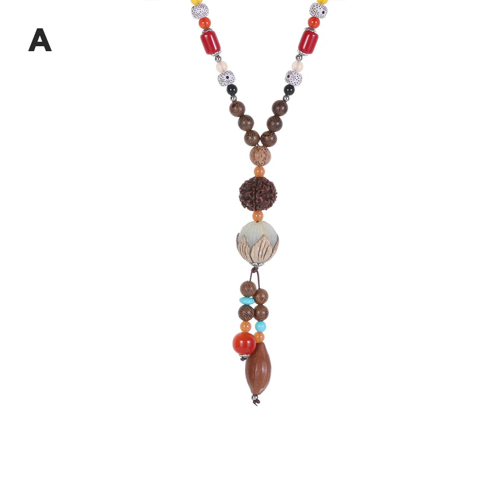 Nepal Wood Bead Pendant Long Necklace Jewelry