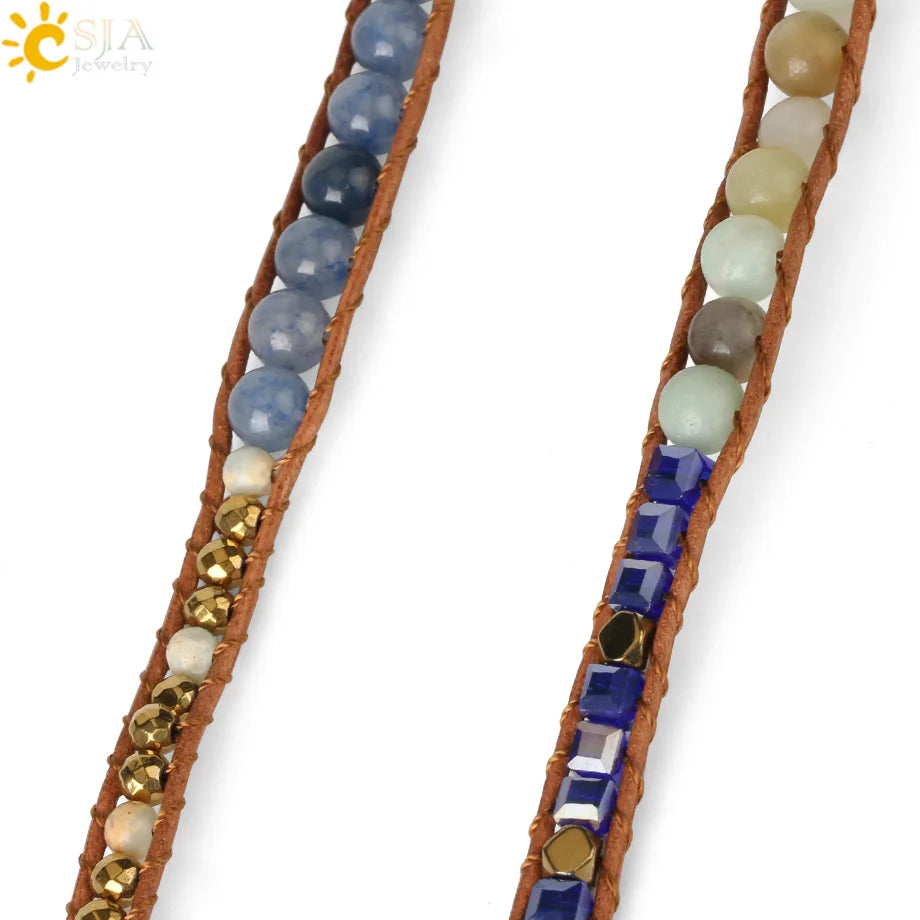 Natural Stone Multi layer Leather Bracelet for Women Blue Aventurine Crystal Hematite Bead Wrapped Bracelet 5  Boho Jewelry S564