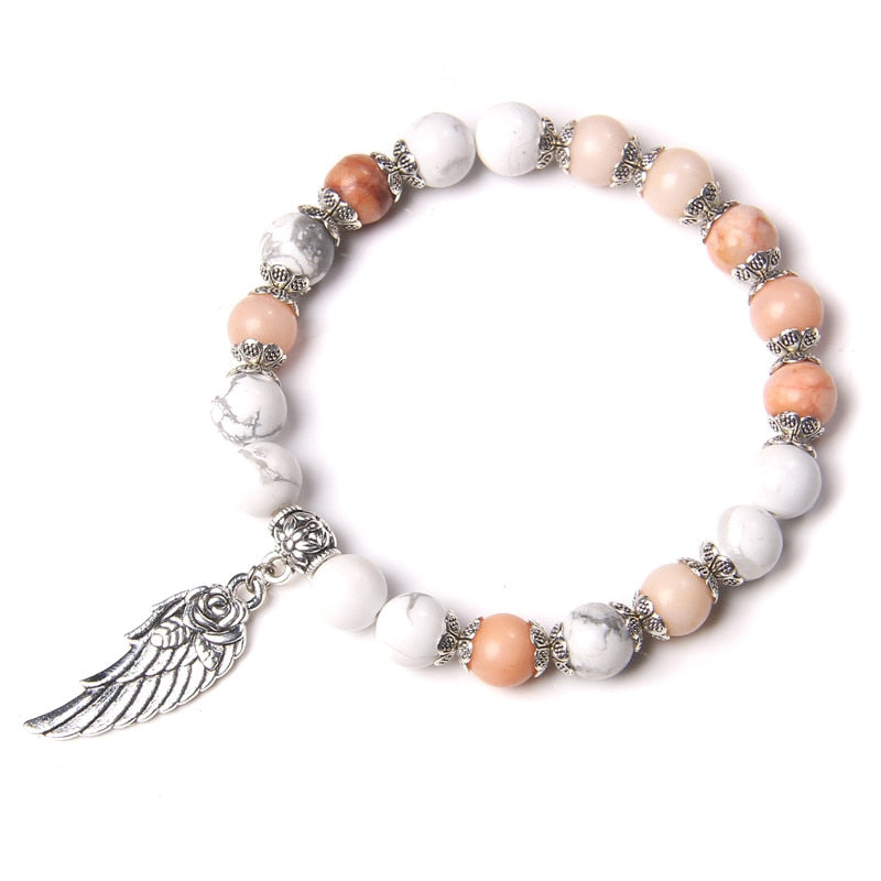 Handmade Silver Color Rose Angel Wing Pendant Bracelet Natural Pink Quartz Crystal Beads Charm Bracelet Women Romantic Jewelry - Charlie Dolly