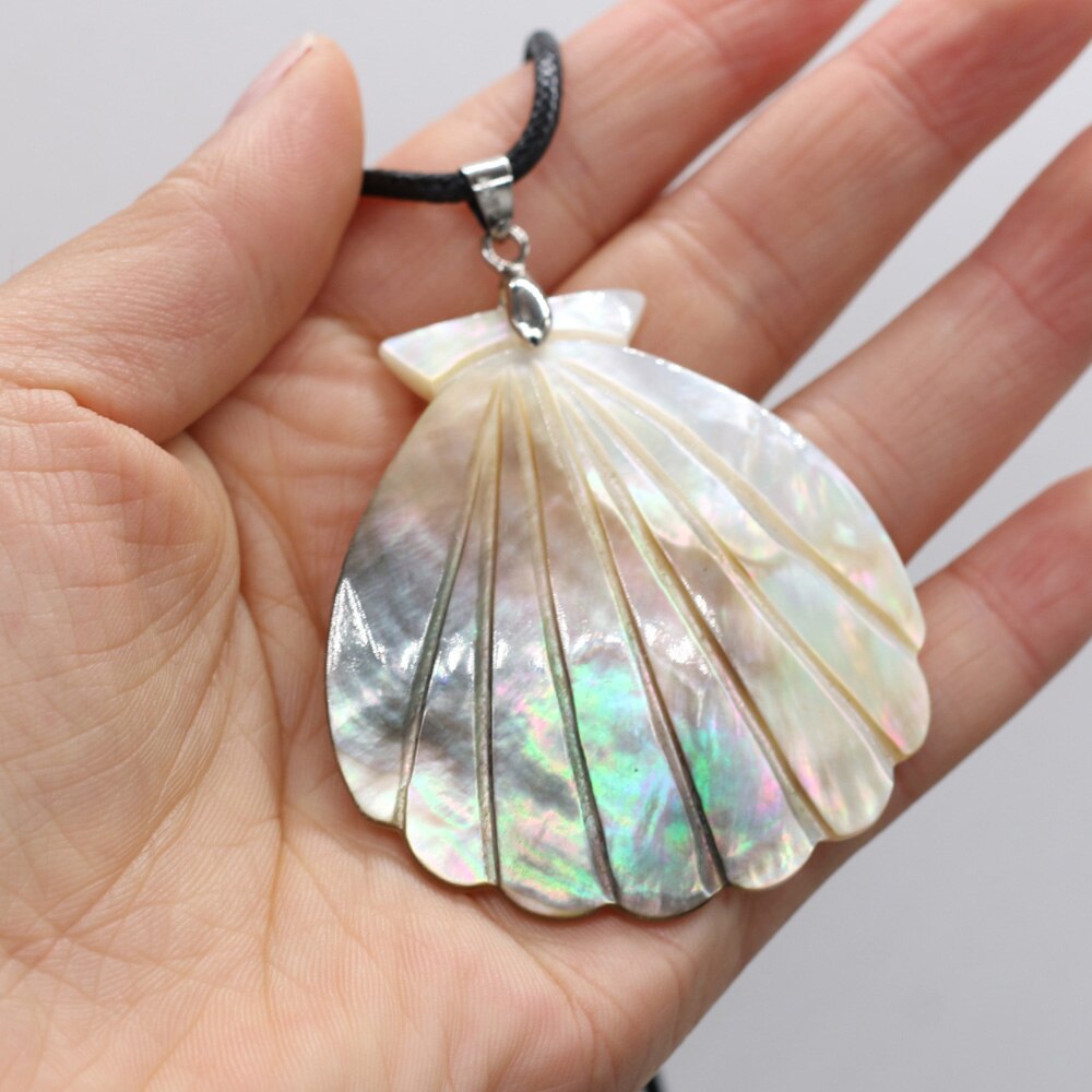 Natural Shell Shape Mother of Pearl Shell Pendants Wax Thread Charm Necklace for Women Jewelry Gift Size 50x55mm Length 55cm - Charlie Dolly