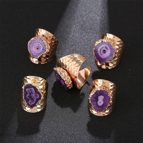 Boho Irregular Natural Stone Agate Slices Sunflower Wide Open Ring for Women Gold Plated Resizable Finger Jewelry - Charlie Dolly