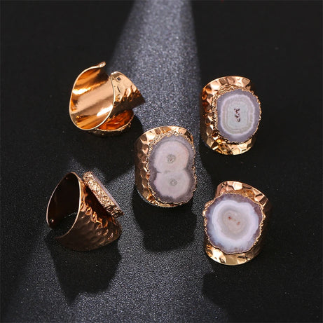 Boho Irregular Natural Stone Agate Slices Sunflower Wide Open Ring for Women Gold Plated Resizable Finger Jewelry - Charlie Dolly