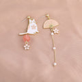 Asymmetrical Imitation Pearls  Pink Skura Flower Earrings Fan Funny Cute Cat Clip on Earrings Without No Piercing for Women Girl - Charlie Dolly
