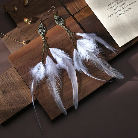 Feather Rhinestone Chain Tassel Long Earrings Jewelry