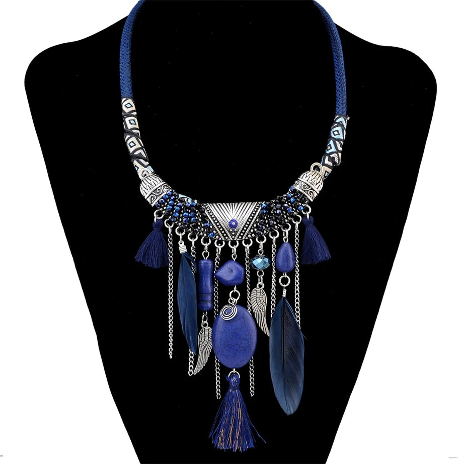 Thread Feather Bead Long Tassel Necklace Jewelry