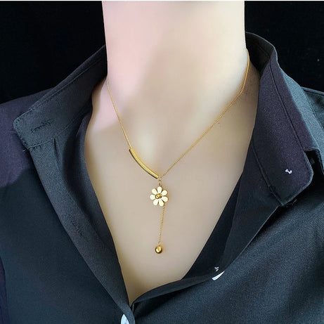 Stainless Steel Long Flower Pendant Necklace, Vintage Blooming Clavicle Chain
