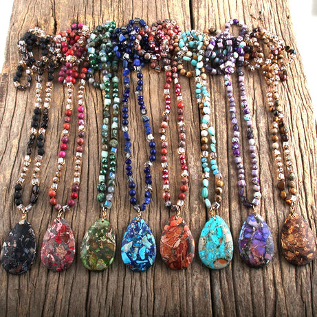RH Fashion Bohemian Jewelry 6mm Natural Stones Crystal With Semi Precious Dorp Pendant Necklaces For Boho Necklace - Charlie Dolly