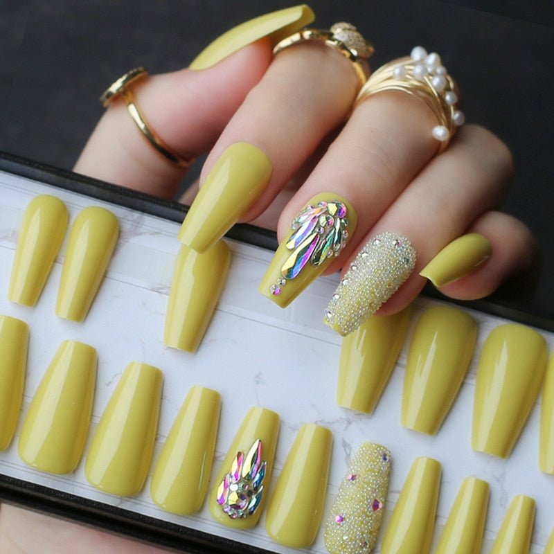 pink coffin crystal bling false nails Acrylic nails ballet caviar Design nails Custom logo with Adhesive tabs sticker - Charlie Dolly