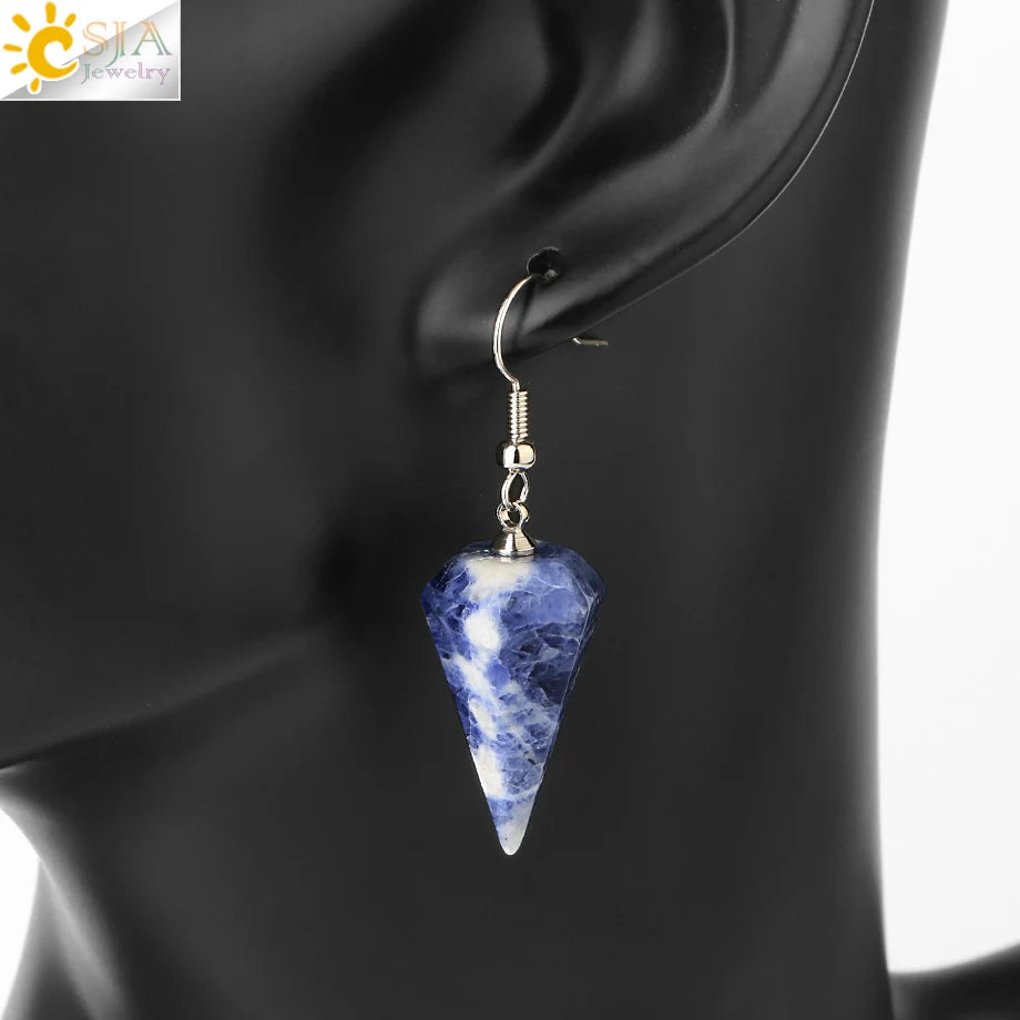 CSJA Bohemian Pyramid Drop Earrings Jewelry Earrings for Women Natural Stone Pink White Purple Crystal Quartz Lapis Lazuli E736