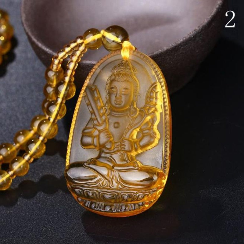 Buddha Guardian Gods Pendant Necklace For Women Men Carved Yellow Stone Amulet Necklaces Jewelry - Charlie Dolly
