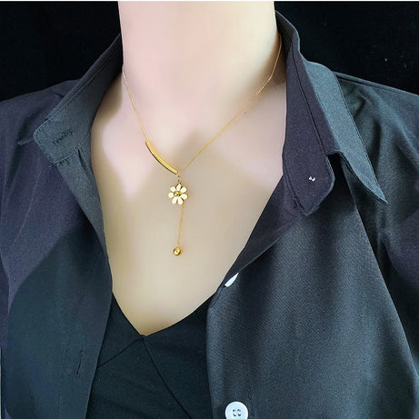 Stainless Steel Long Flower Pendant Necklace, Vintage Blooming Clavicle Chain