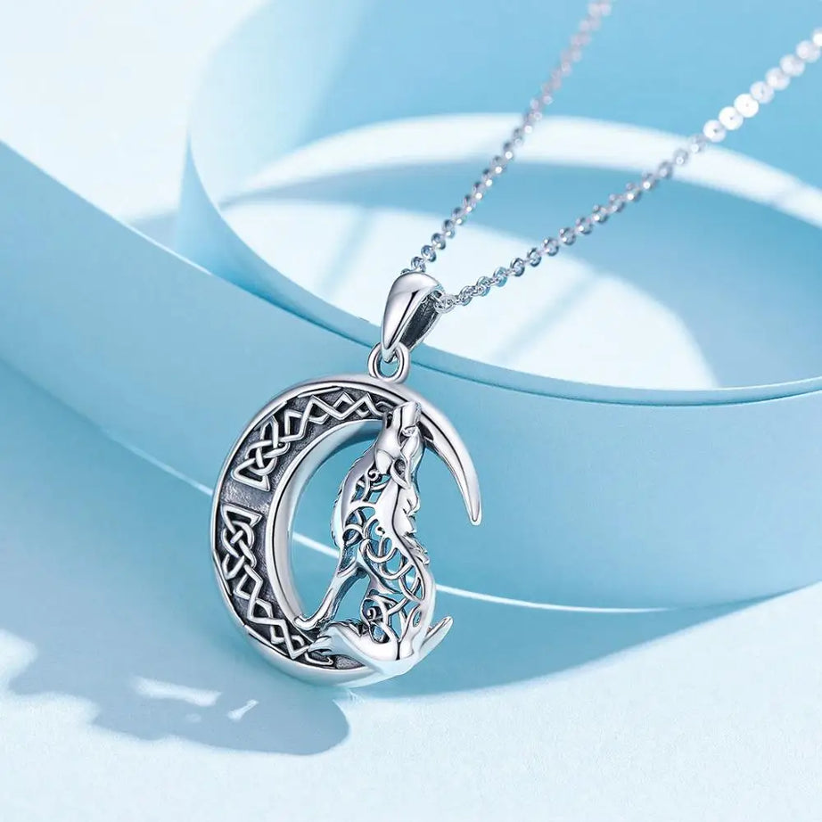 S925 Sterling Silver Wolf & Moon Pendant Necklace, Valknut Odin Norse Viking Amulet
