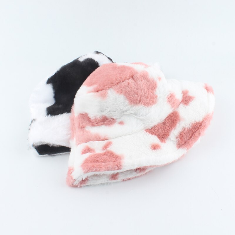 2021 New Fashion Korean Pink Cow Print Bucket Hat Faux Fur Winter Hats For Women Warm Plush Fisherman Caps - Charlie Dolly