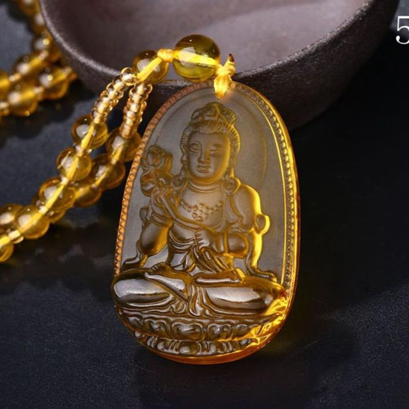 Buddha Guardian Gods Pendant Necklace For Women Men Carved Yellow Stone Amulet Necklaces Jewelry - Charlie Dolly