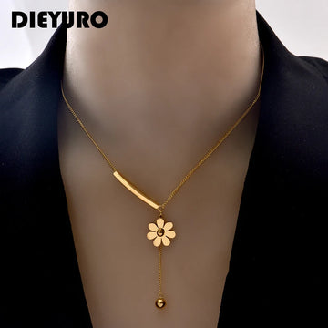 DIEYURO 316L الفولاذ المقاوم للصدأ 2021 رائجة البيع زهرة جميلة سلسلة معلقة نمط طويل رائعة سلسلة الترقوة قلادة للنساء
