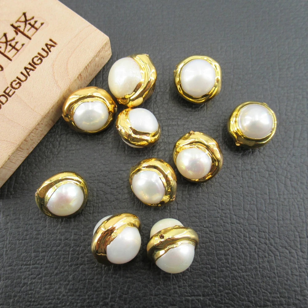 APDGG Wholesale 10 Pcs Gold Plated Natural White Pearl Beads Gemstone Charm Boho Jewelry DIY Making