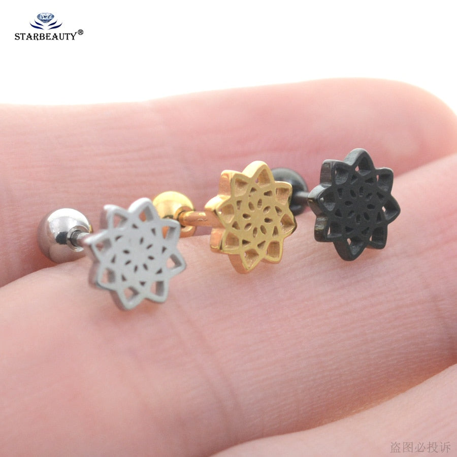 Starbeauty 1pc Flower Lotus Cartilage Lobe Earrings Studs Bar Ear Piercing Oreja Tragus Piercing Cartilagem Conch Helix Rings - Charlie Dolly