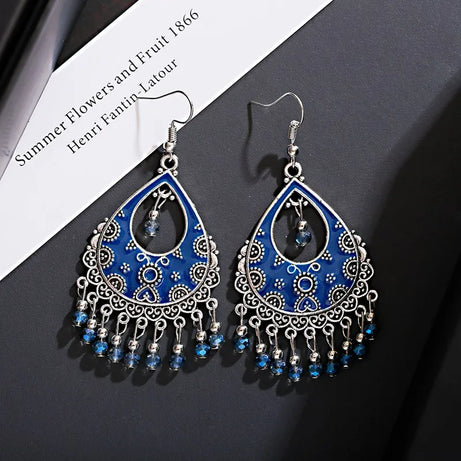 خمر الخرز الأحمر شرابة أقراط الزفاف الهندي Jhumka العتيقة بوهو الفضة اللون زهرة منحوتة إسقاط أقراط Brincos مجوهرات
